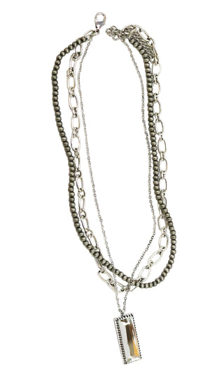 Silver Multi Layered Necklace W/ Rhinestone Bar Pendant