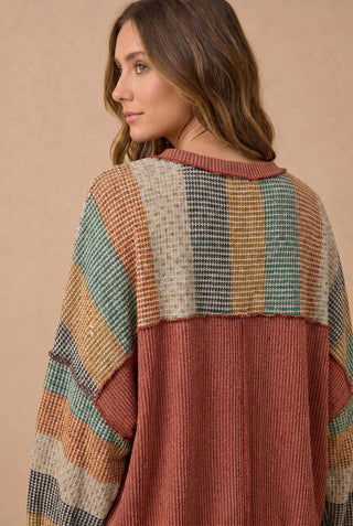 Stripe Waffle Wave Rib Banded Hem Pullover