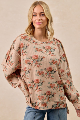 Floral Print Waffle Thermal Sweatshirt