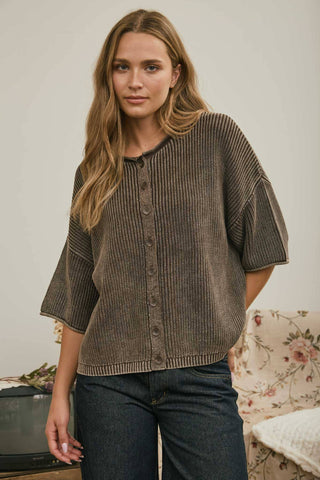 Dark Brown Ribbed Rolled Edge Cardigan