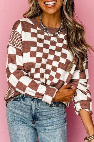 Brown Multi Checkered Print Sweater