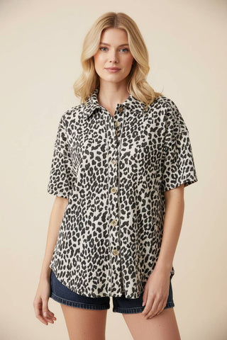 Cheetah Ribbed Button Down Top