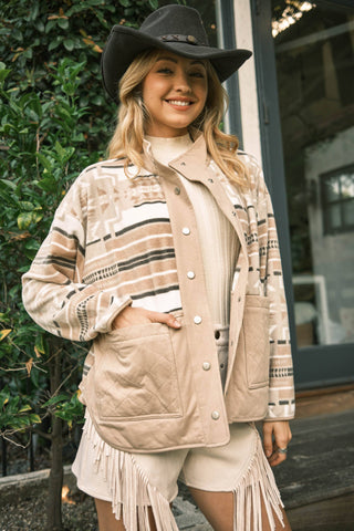 Taupe Aztec Quilted Fleece Jacket