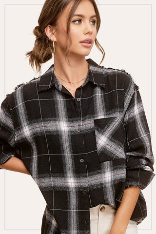 Black Raw Edge Button Plaid