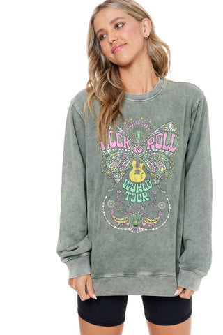 Olive Butterfly Rock n Roll Crewneck