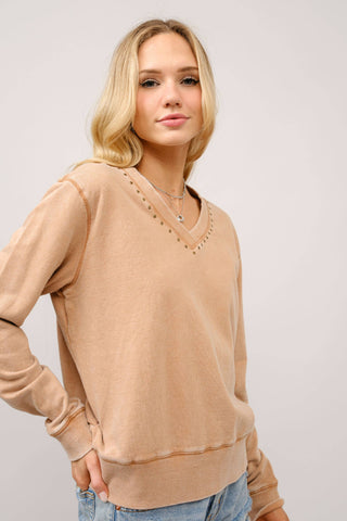 Camel Washed V Neck Studded Pullover