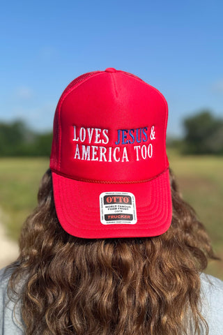 LOVES JESUS AND AMERICA TOO TRUCKER HAT