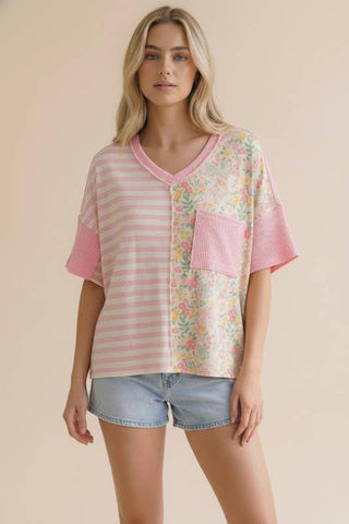 Pink Stripe Floral Print Color Block Loose Fit Top