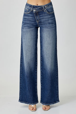 Risen Mid Rise Crossover Wide Leg Jeans