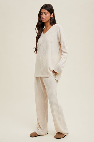 Cream Ribbed Knit Oversized Lounge Set
