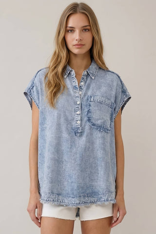 Tencel Denim Fray Short Sleeve Top