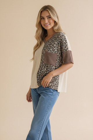 Leopard Color Block Ribbed Knit Top