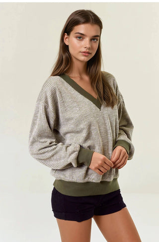 Olive Oversized Striped Two-Tone Ribbed Top