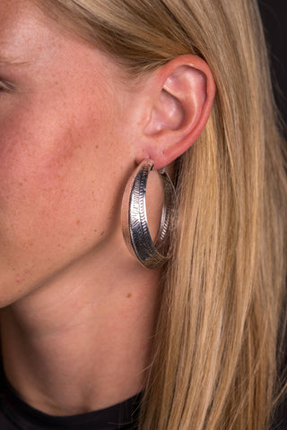 Burnished Silver Tooled Hoop Earring