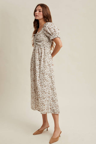 Cream Floral Ruched Midi Dress