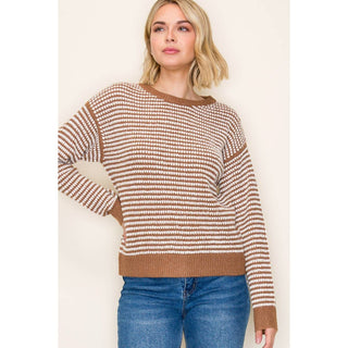 Camel Waffle Striped Pullover Sweater