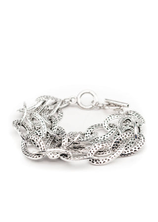 Hammered Silver Three Strand Chain Toggle Bracelet