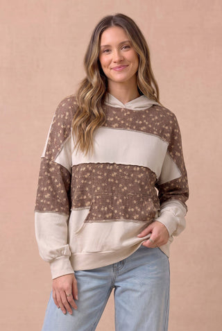 Oatmeal Floral Colorblock Raw Seam Hoodie