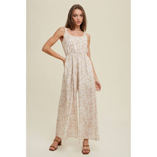 Natural Smocked Back Floral Jumpsuit