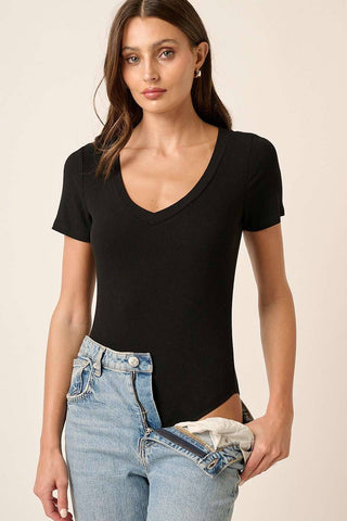 Black V-Neck Ribbed Bodysuit