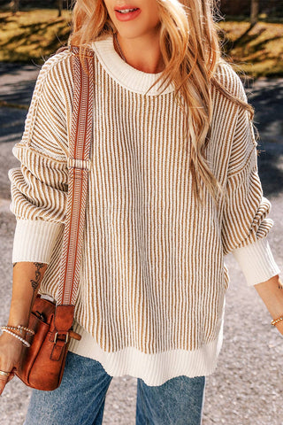 Chestnut Striped Textured Loose Sweater