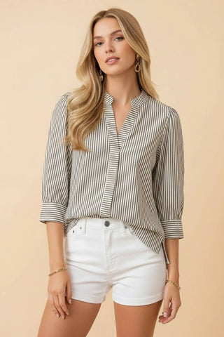 Black Railroad Stripe V-Neck Puff Sleeve Blouse