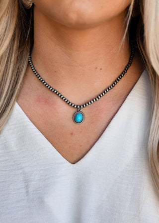 13" Dainty Faux Navajo Pearl Necklace With Oval Turquoise Pendant