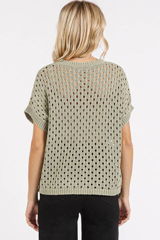 Green Tea Mineral Wash Open Knit Short Sleeve Sweater