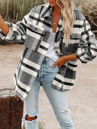 Gray Checkered Plaid Button Shacket