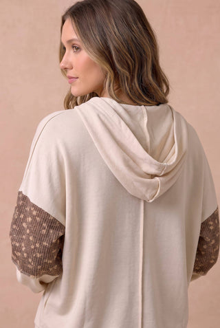 Oatmeal Floral Colorblock Raw Seam Hoodie