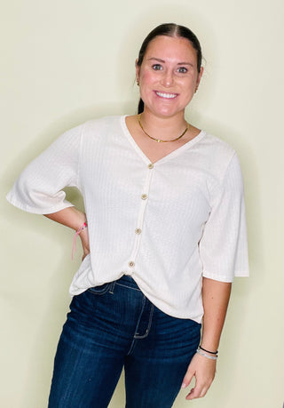 Cream Ribbed Knit Button Down Top