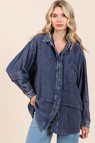 Navy Gauze Crinkle Button Down