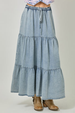 Denim Tiered Maxi Skirt