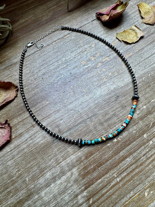 Spiny Oyster & Turq Heishi Sterling Silver Choker