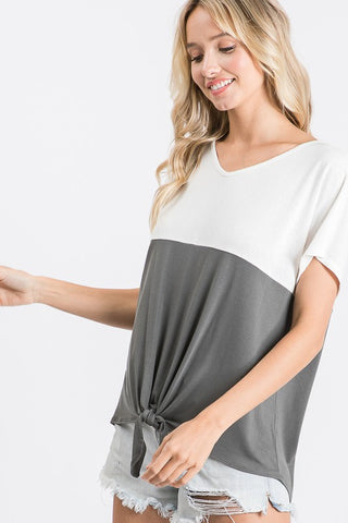 Grey Color Blocked Tied Top